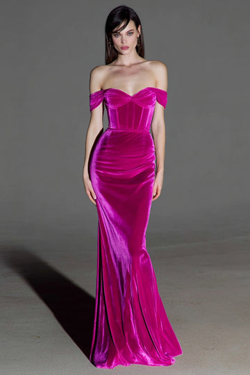 Off the Shoulder Mermaid Corset Velvet Fuchsia Holiday Party Dress